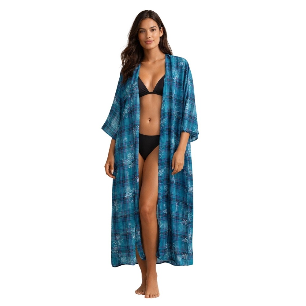 Ribbons & Spice Teal‎ Plaid Floral Kimono Duster Cardigan Cover Up S/M USA Made